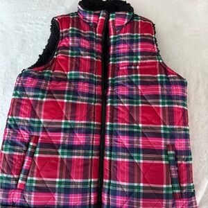 Crown & Ivy Pink Plaid Zip Front Reversible Puffer Vest Medium EB1